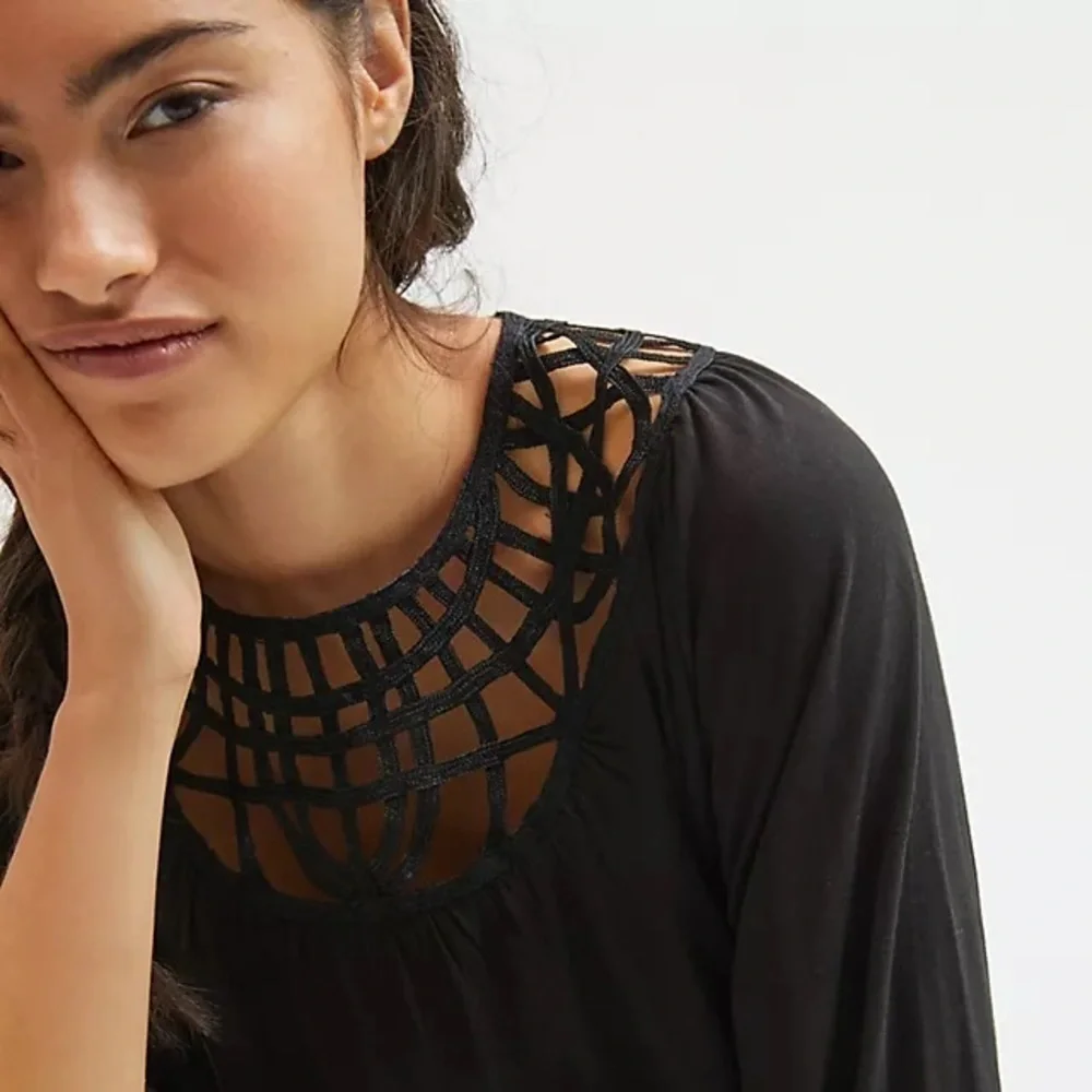 Anthropologie Black Embroidered Lace Bib Top Size XS